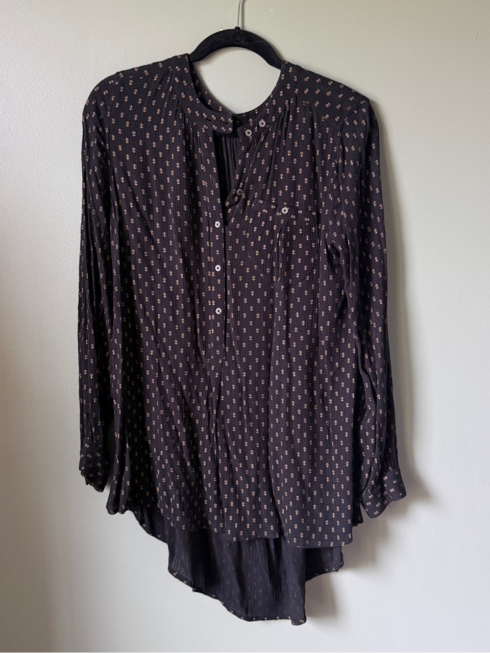 Free People Black Long Sleeve Top / Blouse with Floral Pattern - Size S